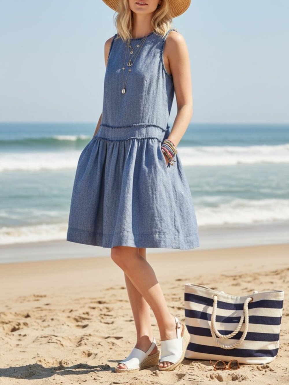 Theory Linen Drop Waist Fringe Trim Sleeveless Mini Dress Chambray sz 4